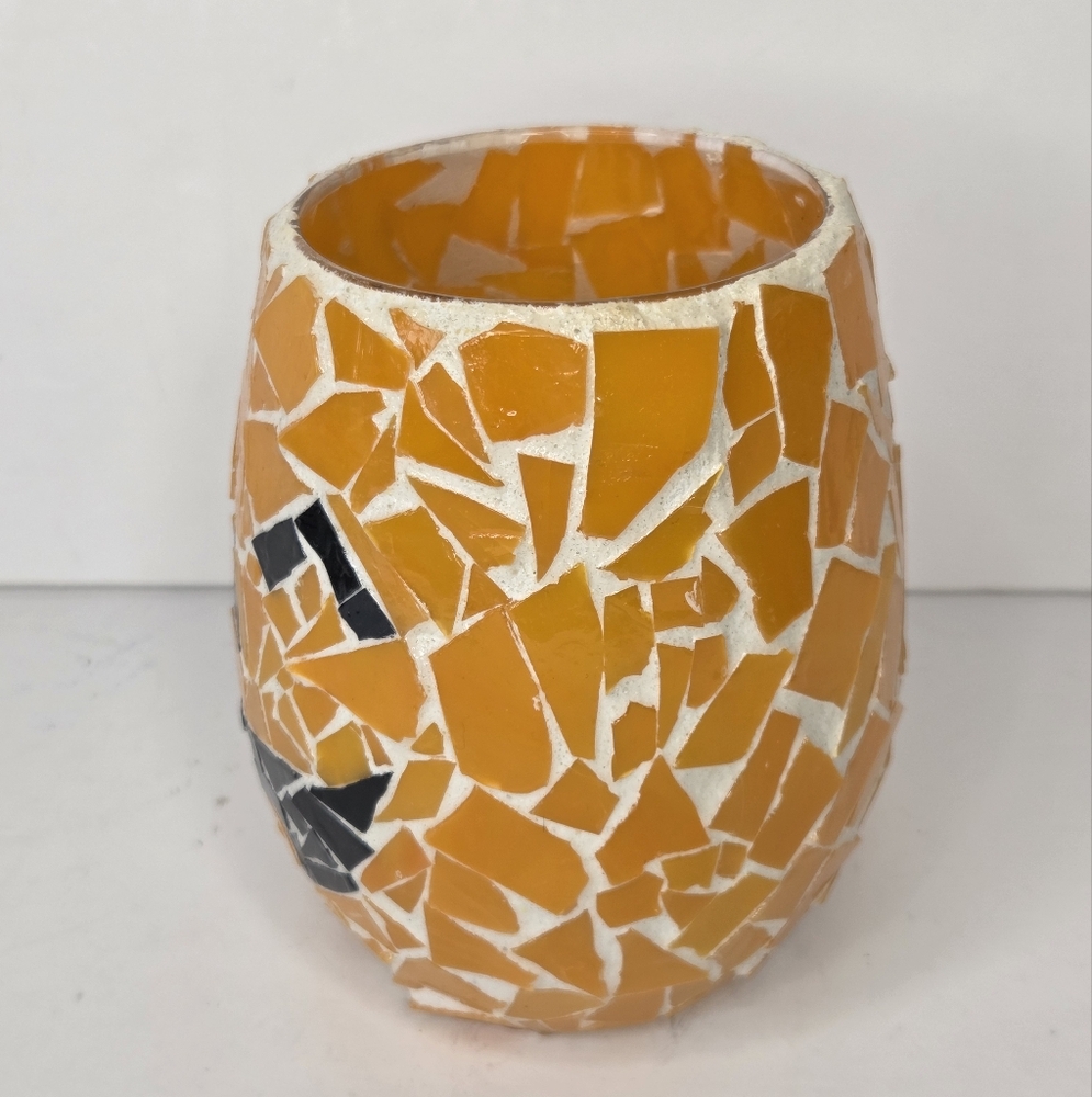 Mosaic Orange Pumpkin Jackolantern Candle Holder Jar Vase Halloween Decor - Picture 7 of 11